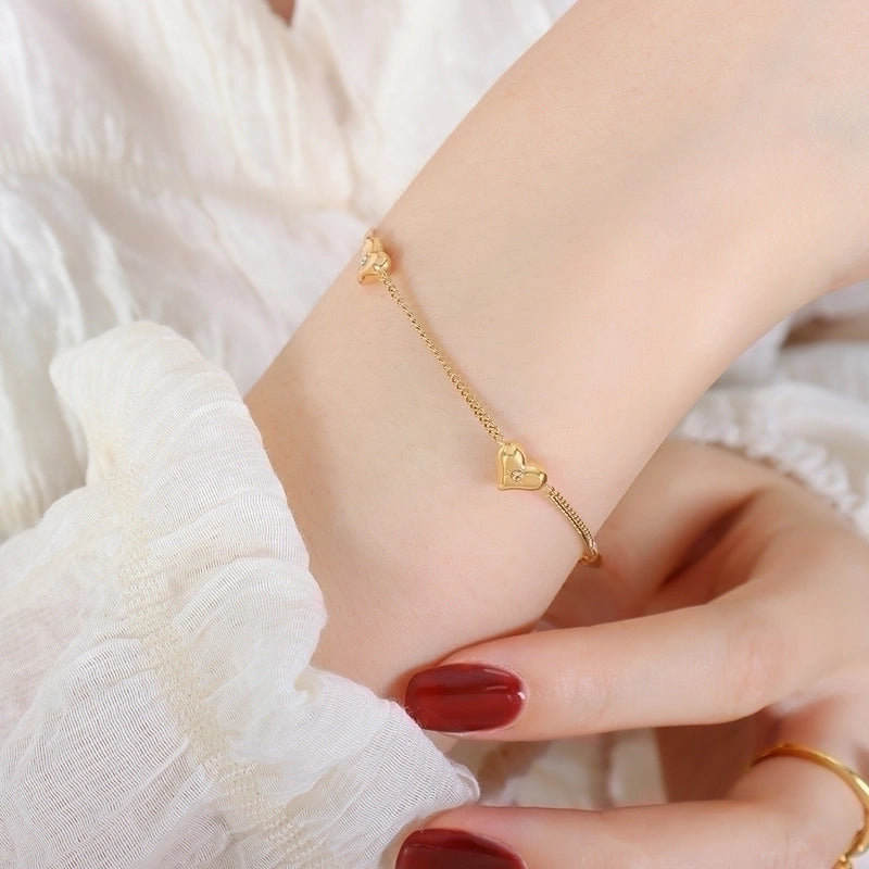 Elegant Minimalist Heart Shape Titanium Steel Zircon 18K Gold Plated Inlay Bracelets Earrings Necklace