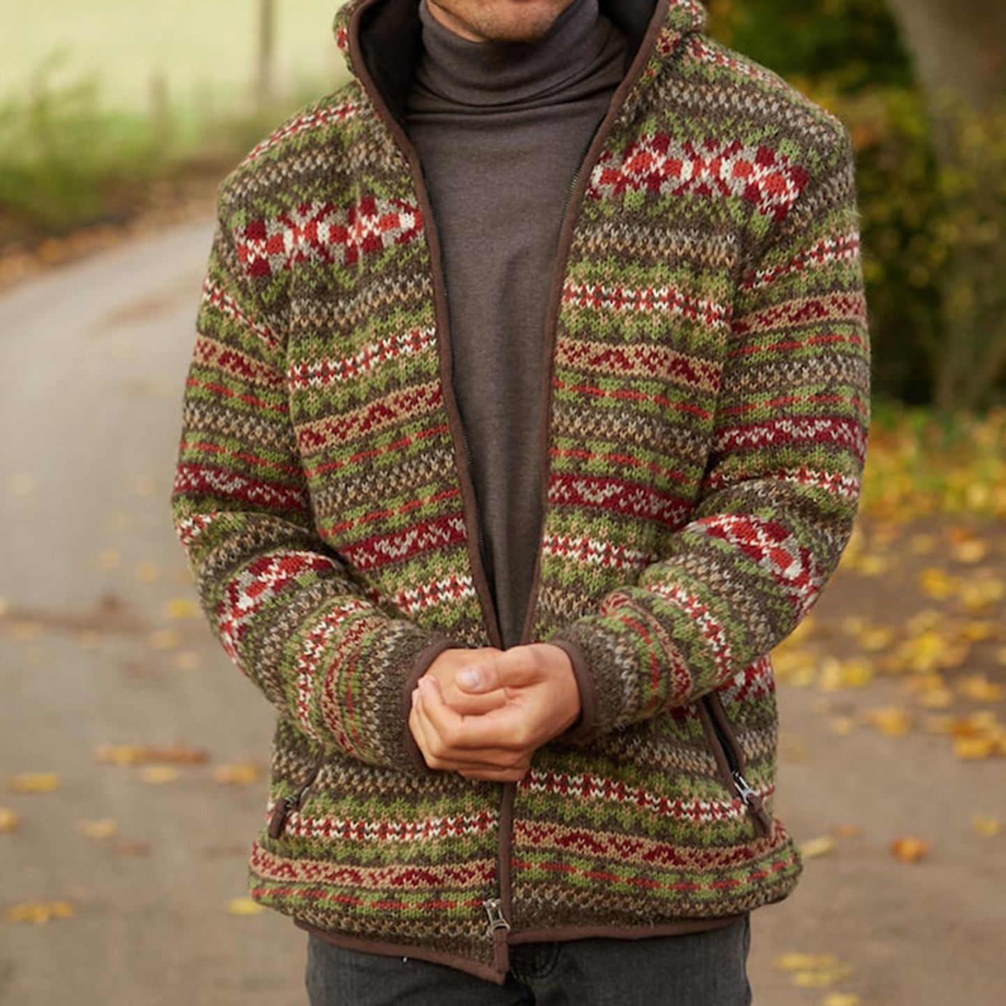 Mens Vintage Fair Isle Knitted Hooded Cardigan