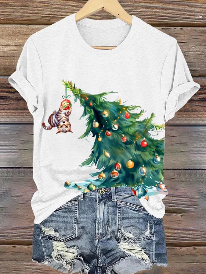 Women's Cat On Christmas Tree Christmas Print Round Neck Short Sleeve T-Shirt