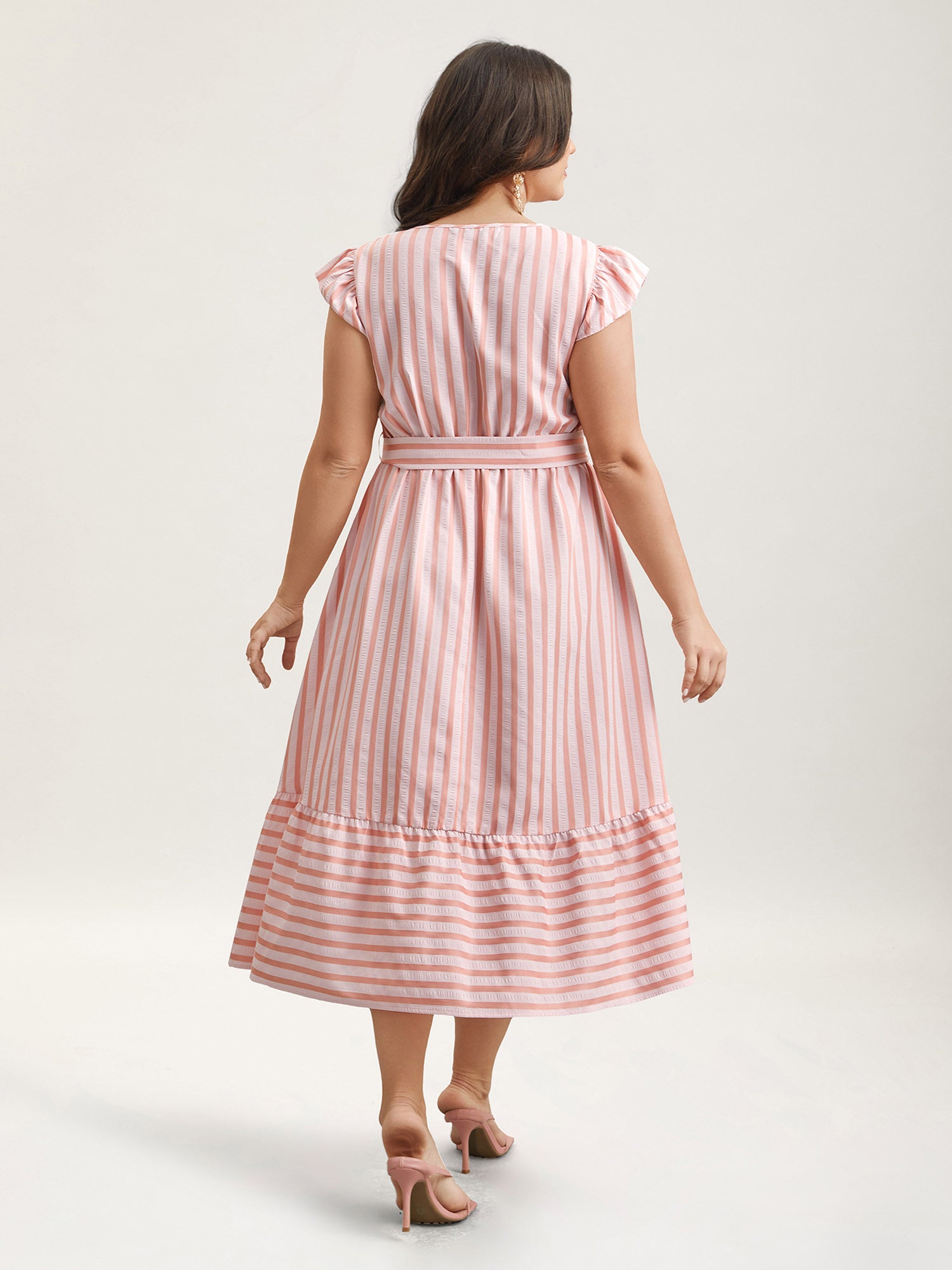 Pastel Stripes Belted Pockets Midi Dress