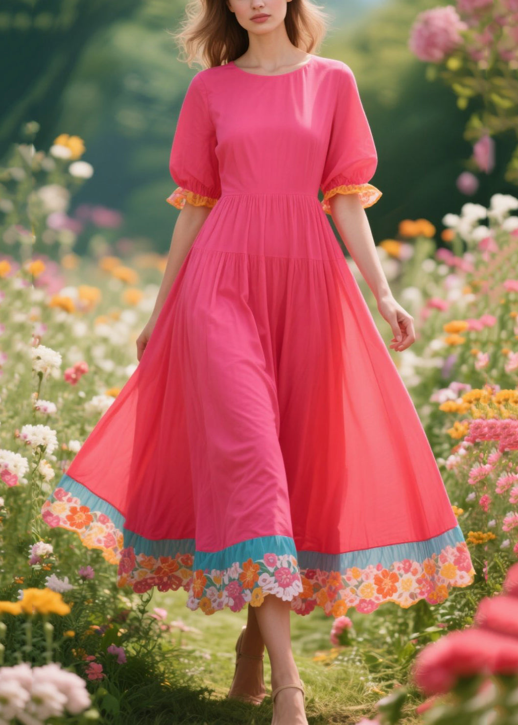 Art Rose Oversized Patchwork Cotton Maxi Dress Summer