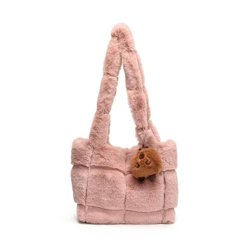 Women's Plush Solid Color Classic Style Square Magnetic Buckle Shoulder Bag Crossbody Bag