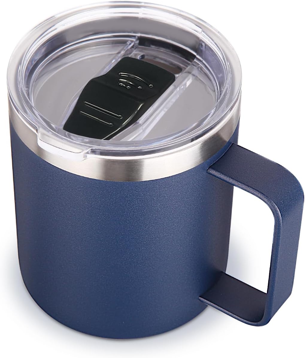 Volhoply 14oz Insulated Stainless Steel Coffee Mug with Leakproof Lid,Double Wall Vacuum Travel Coffee Cup with Handle,Reusable Metal Tumbler,Camping Mugs Keep Hot/Cold,Christmas Gifts(Black,1