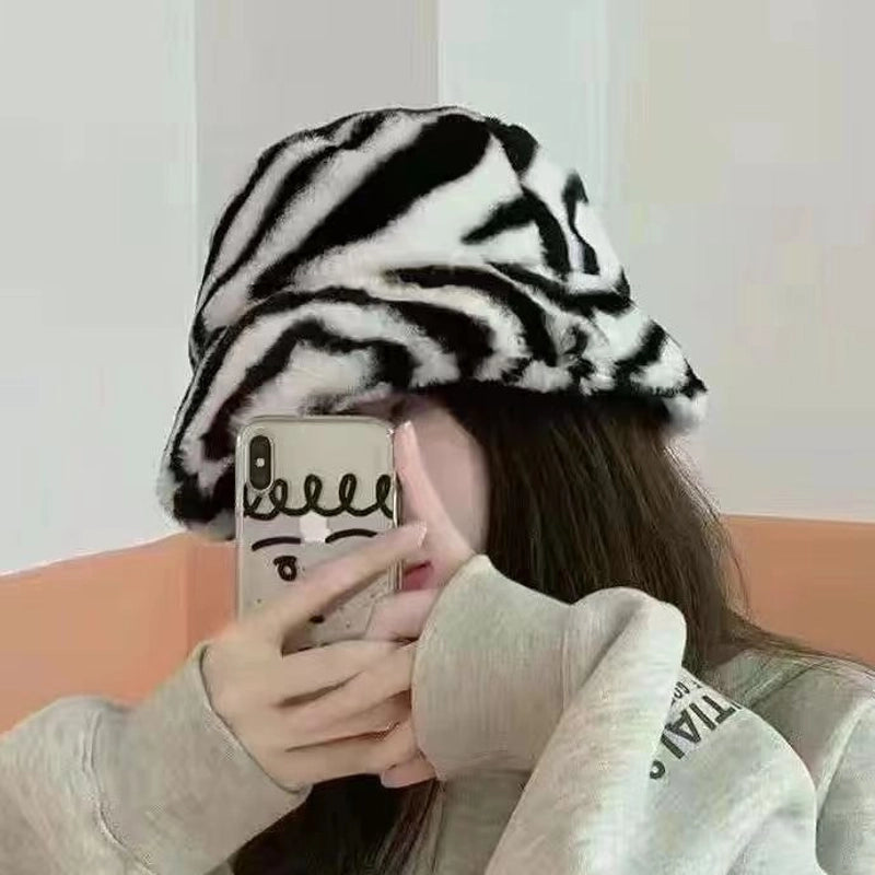 Leopard Print Vintage Fisherman Hat Autumn And Winter Thickened Warm Plush Hat Women's Korean-style Trendy Zebra Pattern Basin Hat Trendy
