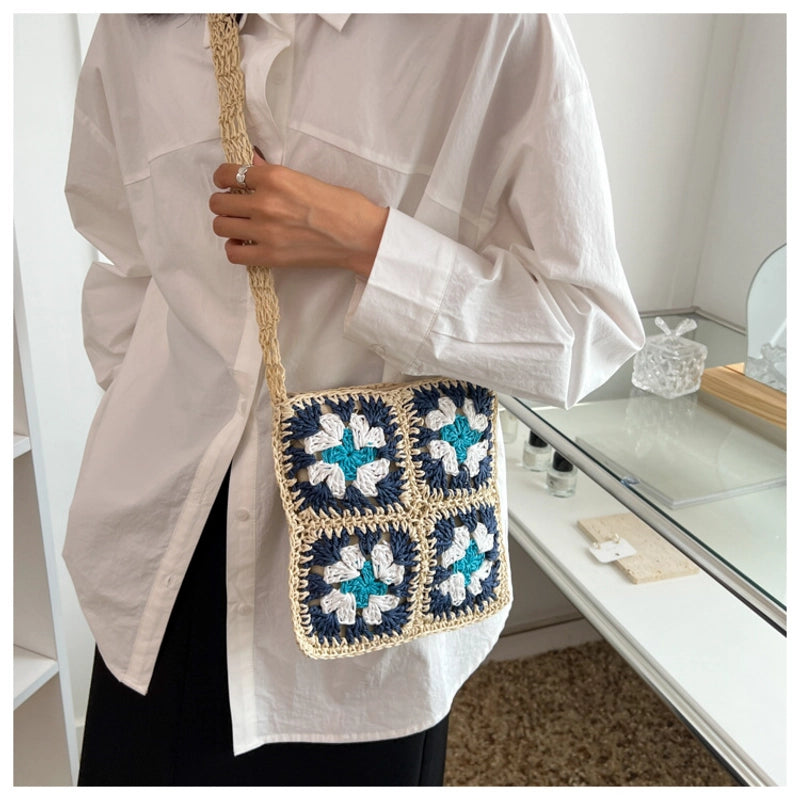Summer New Handmade Crochet Flower Shoulder Straw Bag