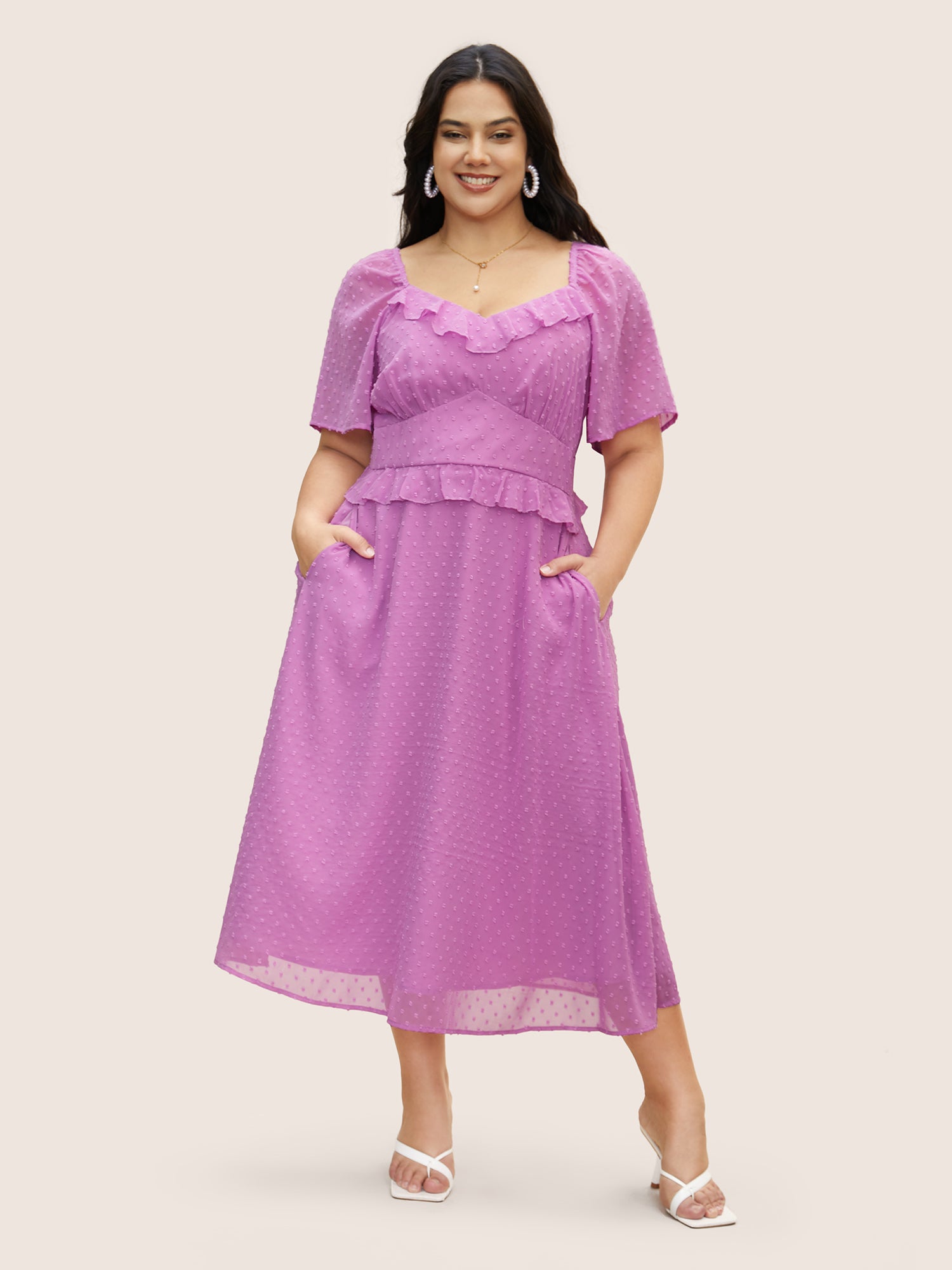 Textured Ruffles Shirred Raglan Sleeve Dress