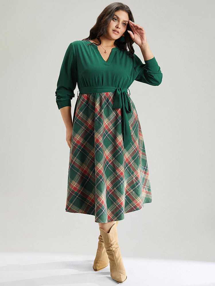 Twill Plaid Print Notched Contrast Belted Dress