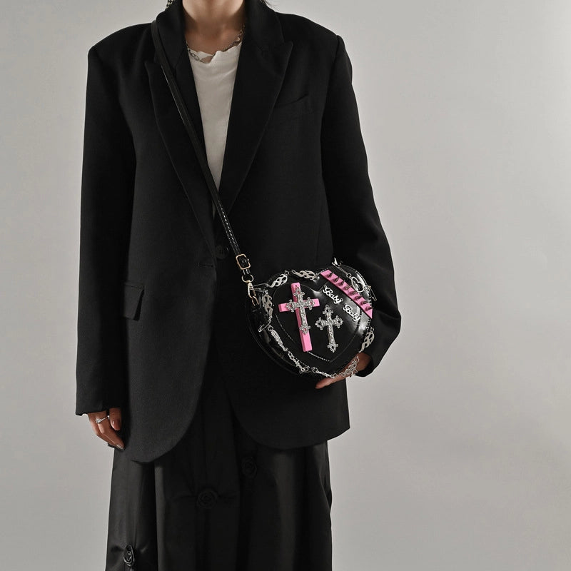 Women's Medium Pu Leather Cross Heart Shape Punk Heart-shaped Zipper Crossbody Bag