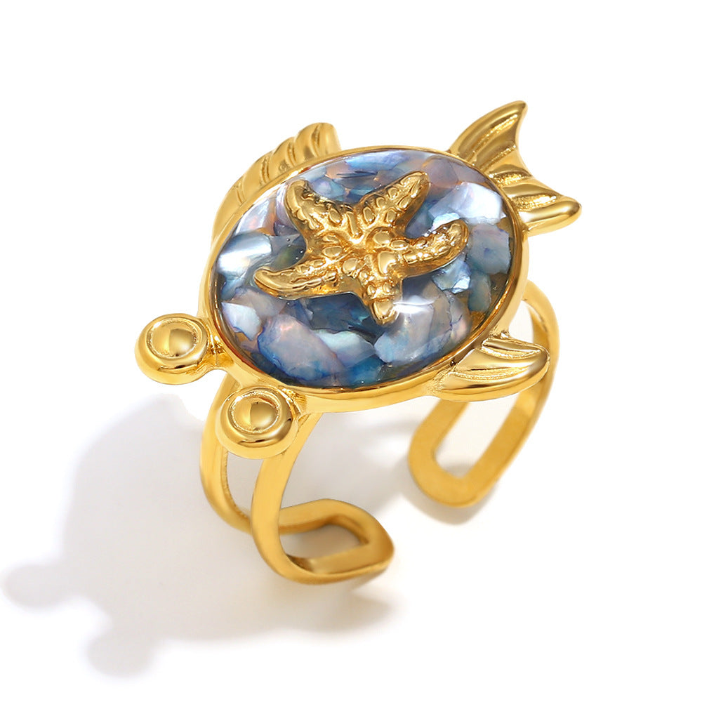 Niche Trend Stainless Steel 18K Gold Plated Cross Line Fishbone Flower Crab Turtle Open Ring