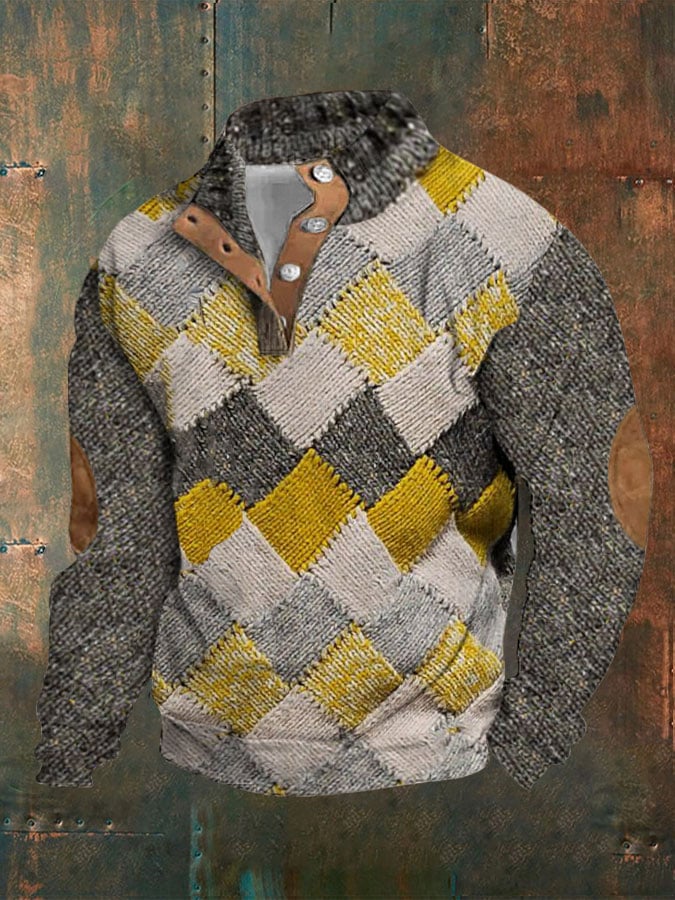 Men's Casual Plaid Contrast Color Stand Collar Pullover