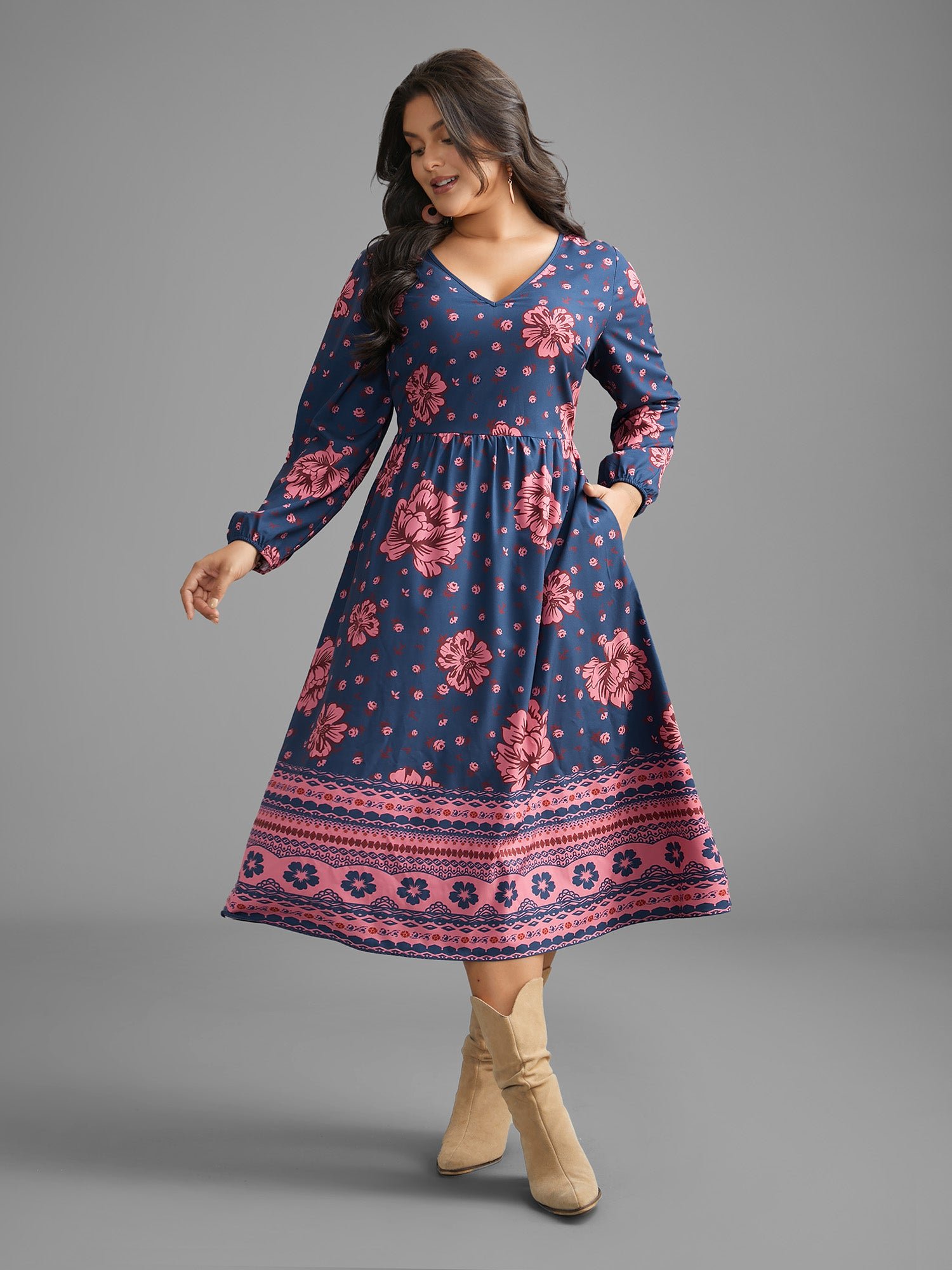 Boho Print V Neck Elastic Waist Dress