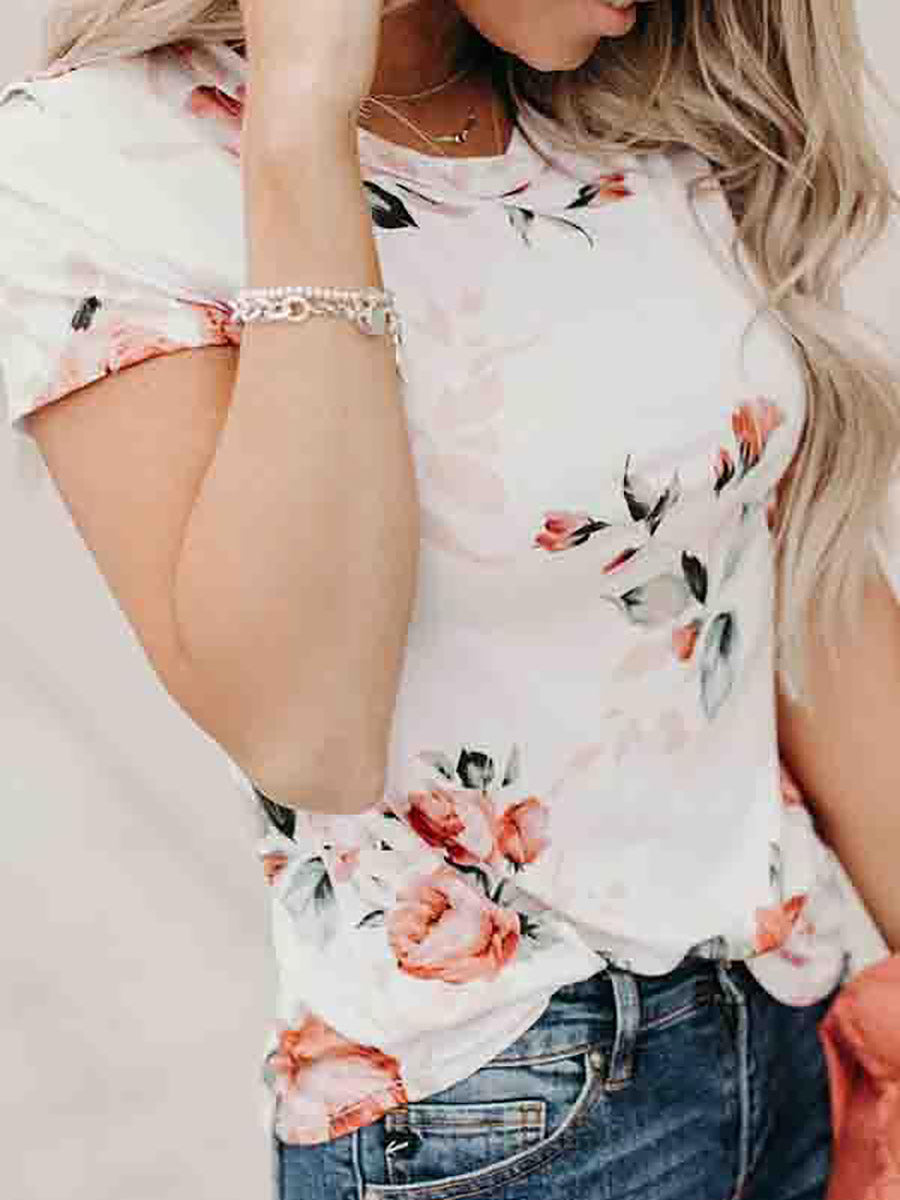 Short Sleeve Flower Print Round Neck Casual Wear T-Shirt