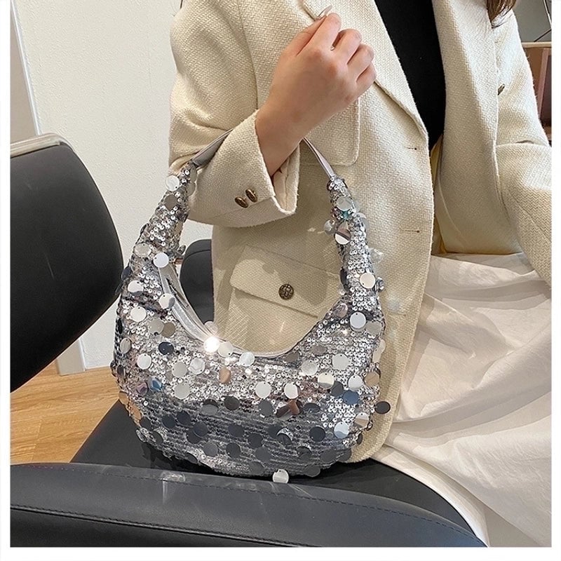 Women's Medium Sequin Solid Color Sexy Classic Style Crescent Shaped Zipper Underarm Bag