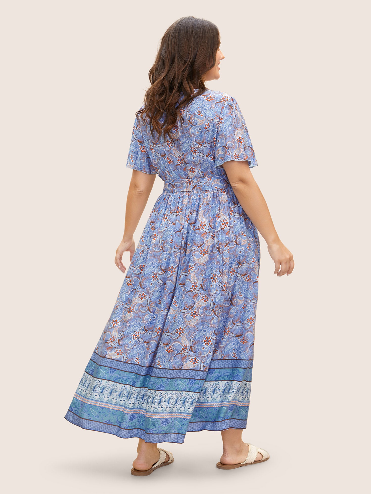 Bandana Surplice Neck Pocket Belted Flutter Hem Maxi Dress