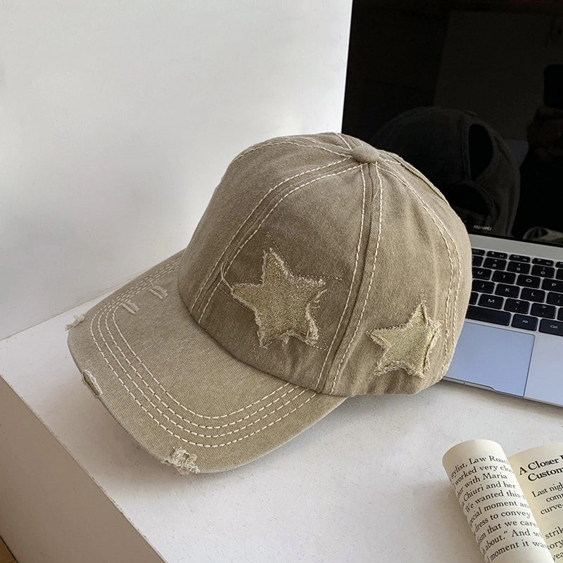 Vintage Ripped Baseball Cap Women's Spring And Summer Korean Style Big Head Face Showing Small Cap Pink Wide Brim Hat Trendy