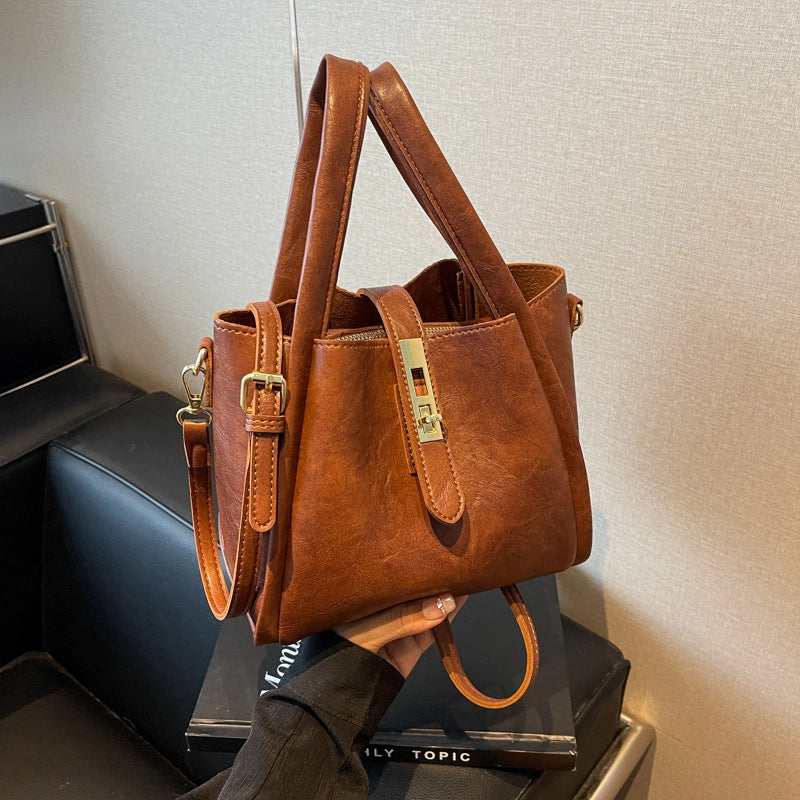 Women's Pu Leather Solid Color Basic Sewing Thread Bucket Lock Clasp Shoulder Bag Handbag Crossbody Bag