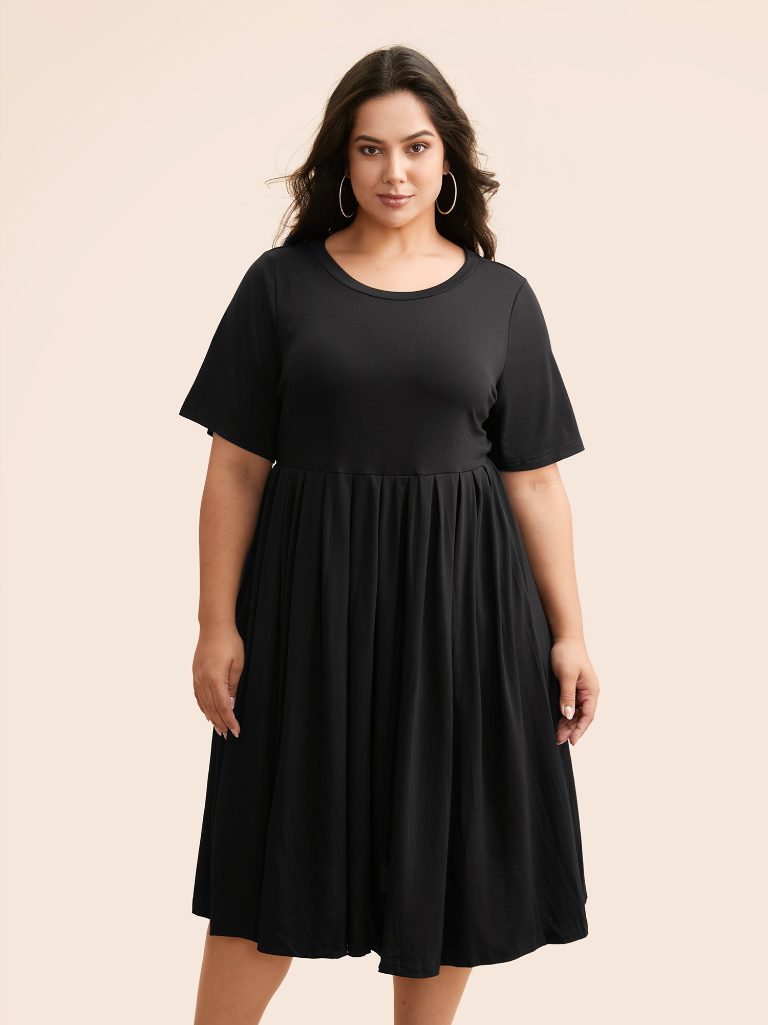 Supersoft Essentials Solid Pleated Round Neck Midi Dress