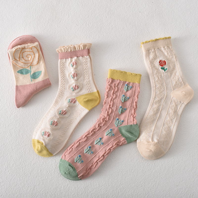 49%OFF-5 pairs of women's pink floral cotton socks