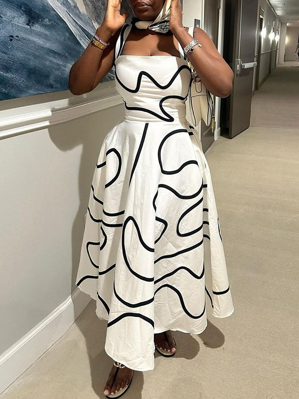 A-Line High Waisted Pockets Printed Split-Joint Spaghetti-Neck Maxi Dresses