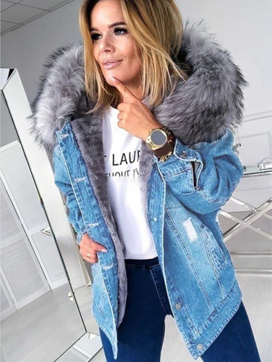 Padded Warm Hole Large Fur Collar Denim Jacket(4 colors)