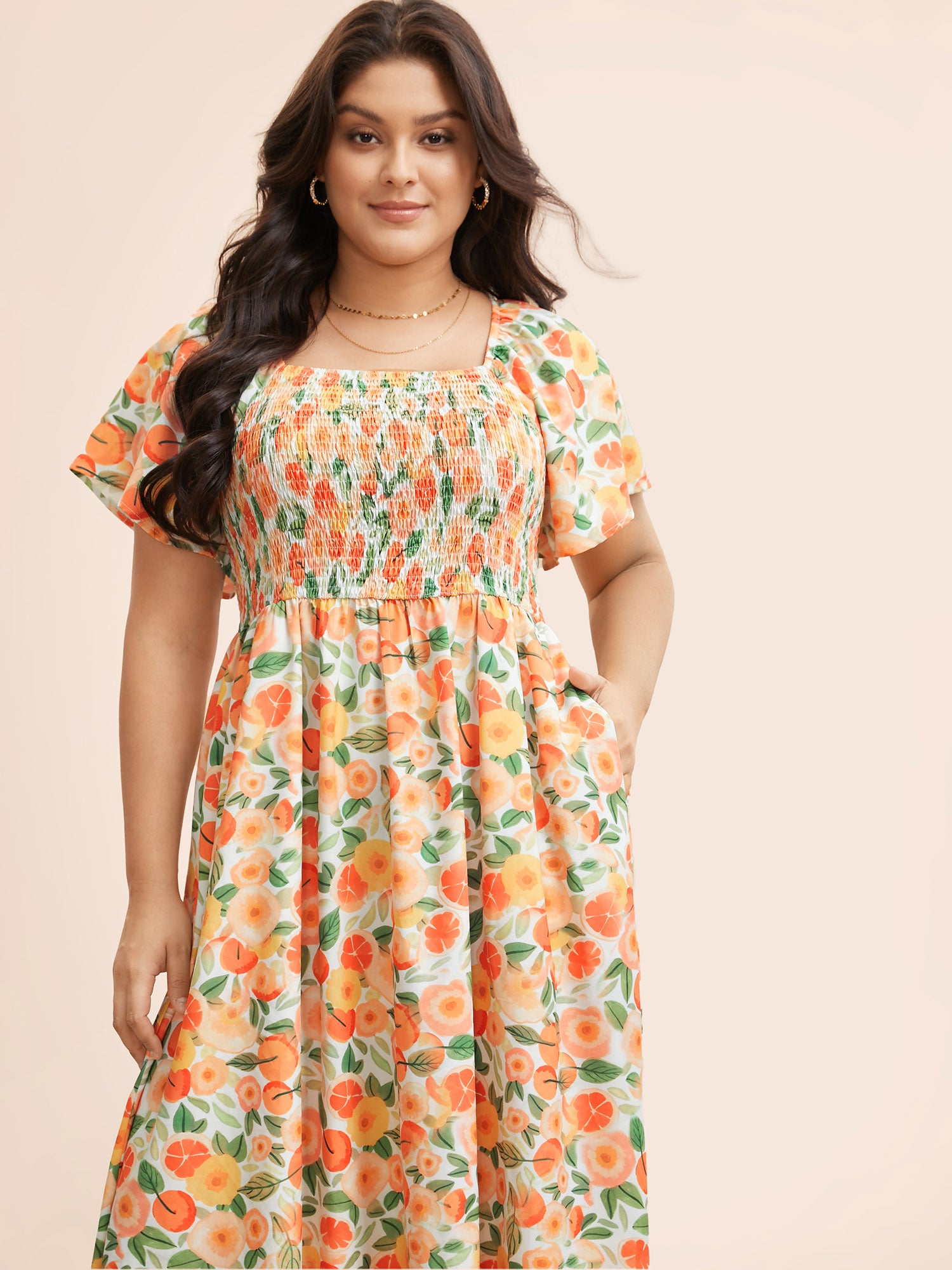 Floral Backless Shirred Square Neck Pocket Ruffle Hem Dress