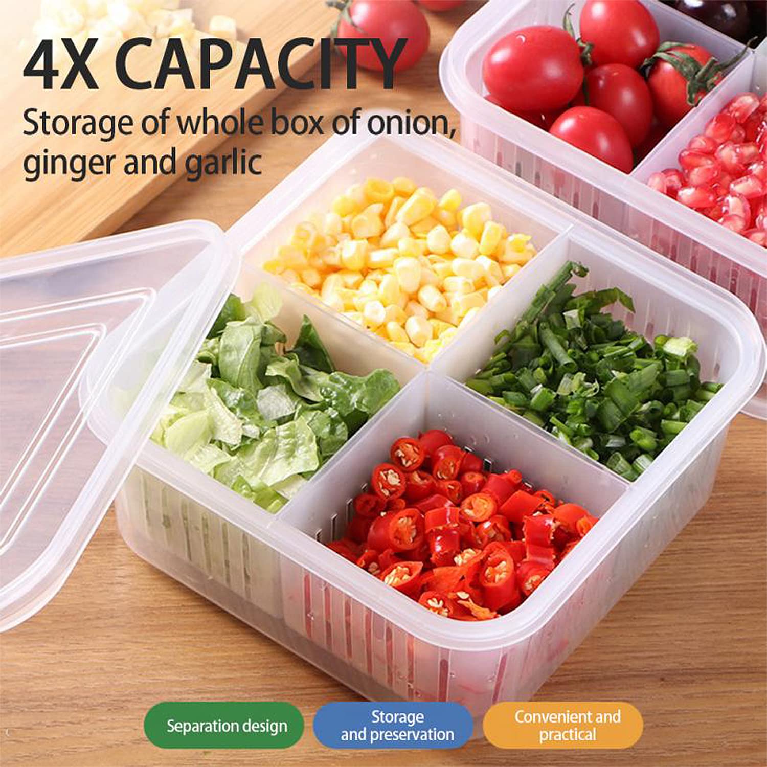 Fridge Food Storage Container With Lid. Airtight Refrigerator Food Box With 4Pcs Detachable Drain Baskets