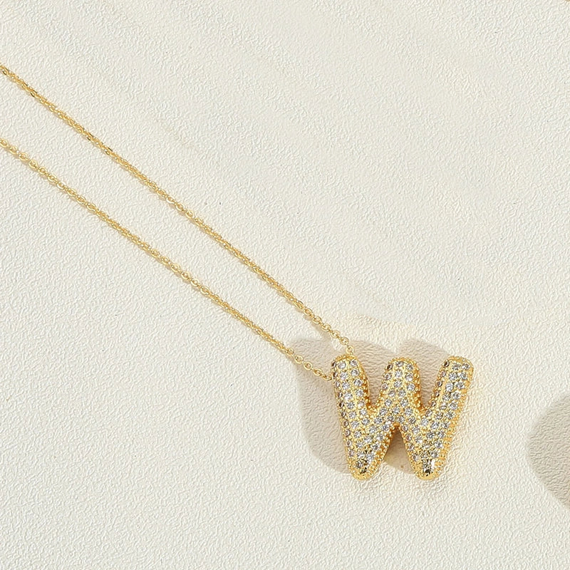 Copper 14K Gold Plated Minimalist Inlay Letter Zircon Pendant Necklace