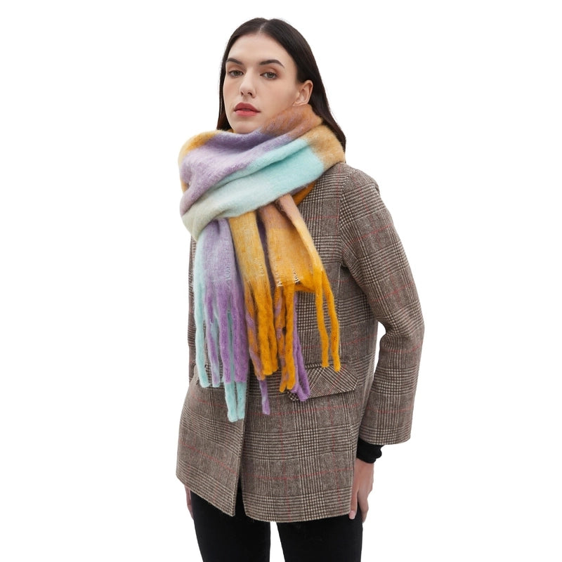 Hot New Autumn And Winter Men's And Women's Circle Yarn Coarse Tassel Plaid Scarf