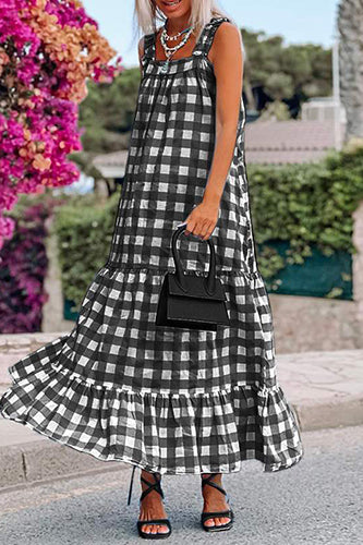 Casual Spaghetti Straps Printed Beach Plaid Maxi Dress