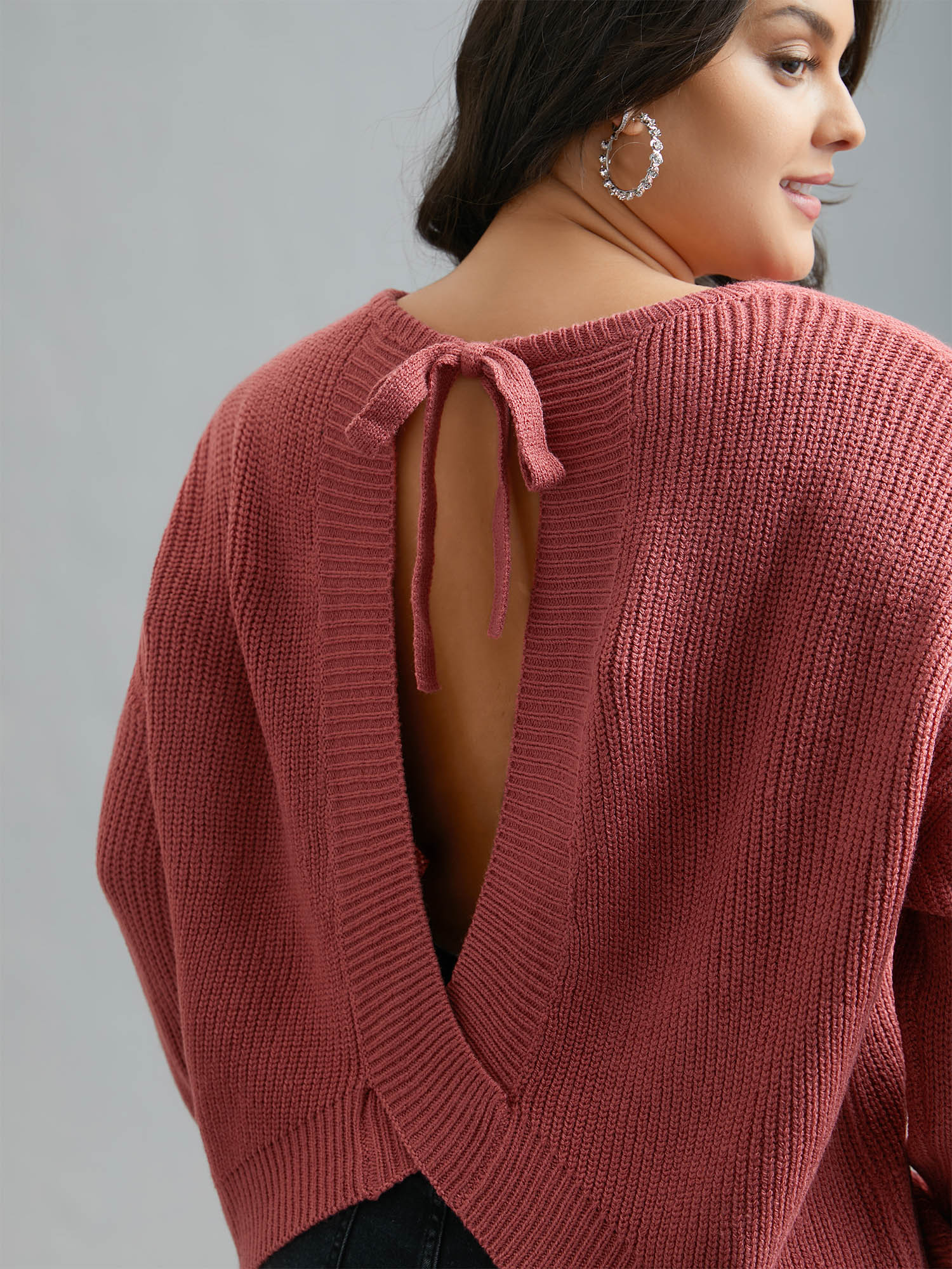 Open Wrap Back Textured Tied Pullover