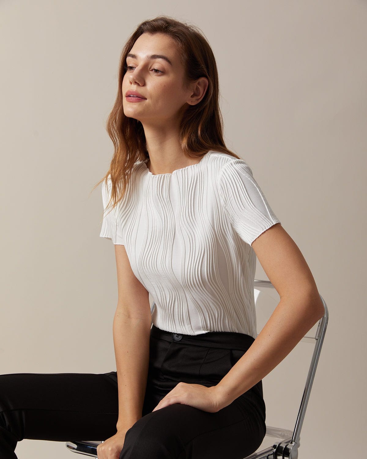 The Solid Boat Neck Water Ripple Textured Tee