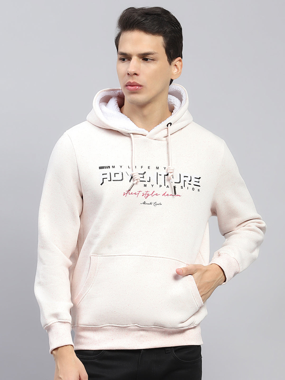 Men Pink Printed Hooded Full Sleeve Sweatshirt