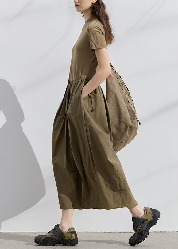New Dark Khaki Pockets Wrinkled Patchwork Cotton Dresses Summer