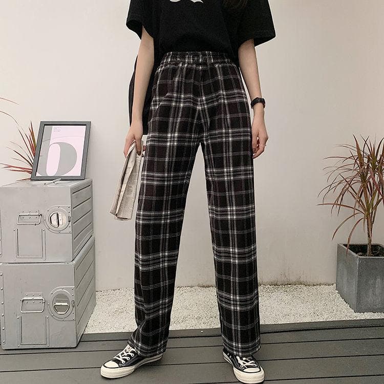 Wide-Leg Plaid Pants