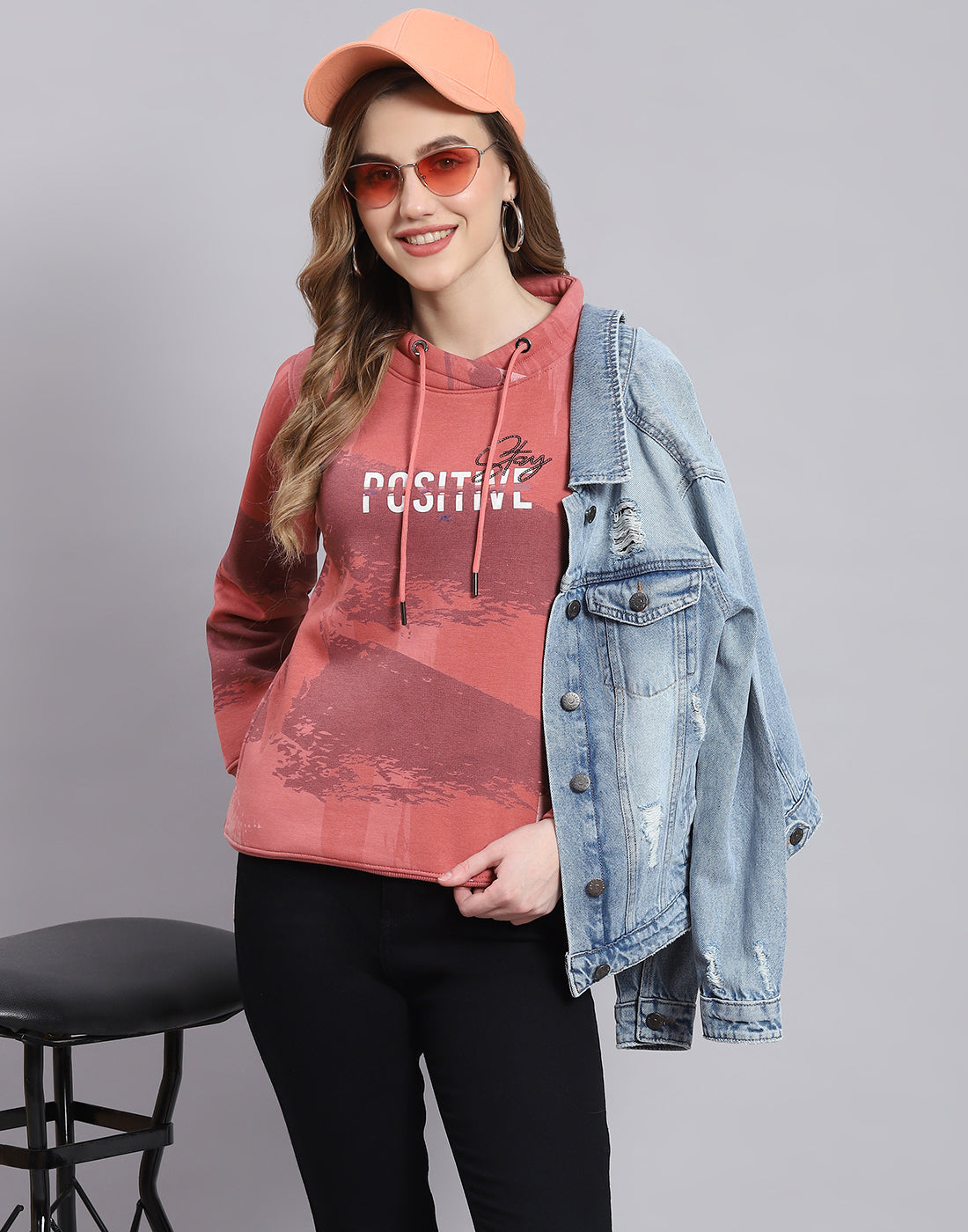 Women Peach Printed Round Neck Full Sleeve Sweatshirt