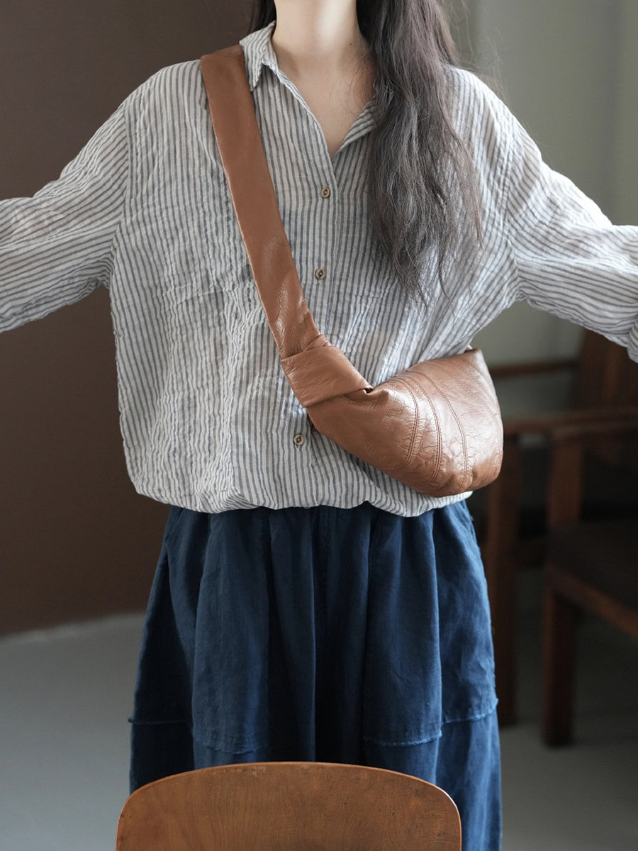 Women Summer Retro Stripe Turn-down Collar Cotton Shirt