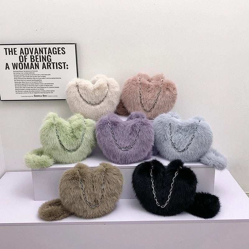 Women's Plush Solid Color Cute Heart-shaped Zipper Crossbody Bag