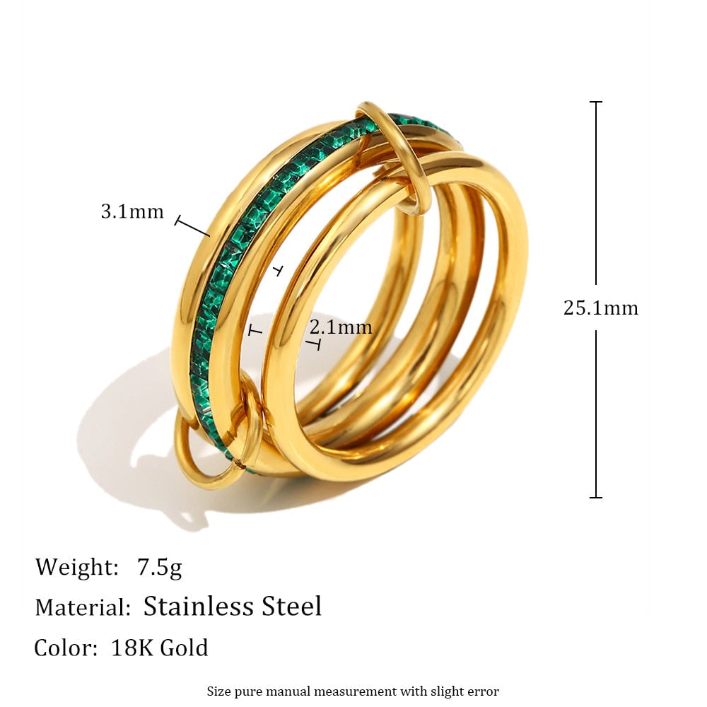 Fashionable Stainless Steel 18K Gold Plated Cross Zircon Five-Pointed Star Round Bead Braided Three-Layer Ring