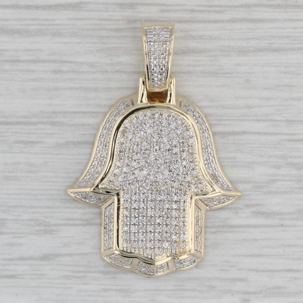 0.20ctw Diamond Hamsa Hand Pendant 10k Yellow White Gold Talisman