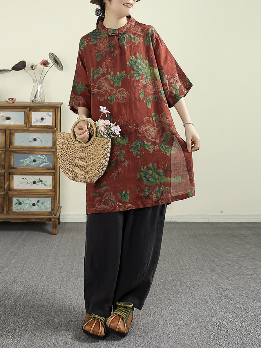 Women Summer Vintage Flower Stand Collar 100%Ramie Shirt