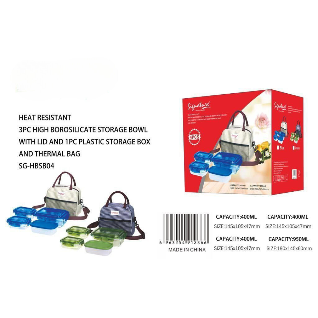 3Pcs Borosilicate Storage Container Bowls With Lid. Lunch Box and Lunch Thermal Bag Set
