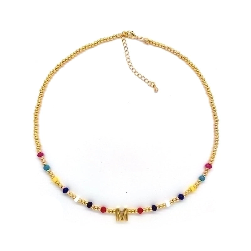 Ig Style Minimalist Letter Glass Copper Beaded Knitting Plating 18k Gold Plated Necklace