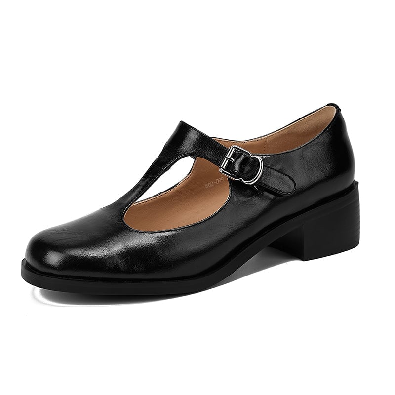 Handmade Retro Leather T Strap Mary Jane Shoes For Women Round Toe Black/Beige