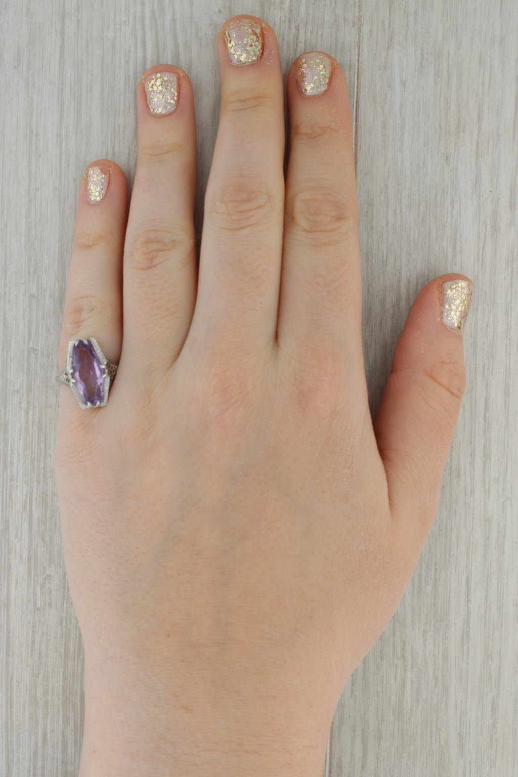 Vintage Amethyst Solitaire Ring 14k White Gold Filigree Size 6.5