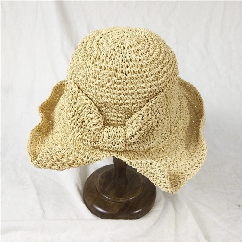 Women's Pastoral Solid Color Bowknot Wide Eaves Straw Hat