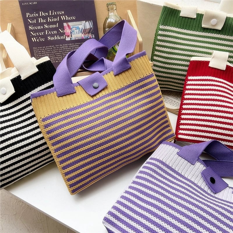 Women's Medium Knit Stripe Classic Style Buckle Tote Bag