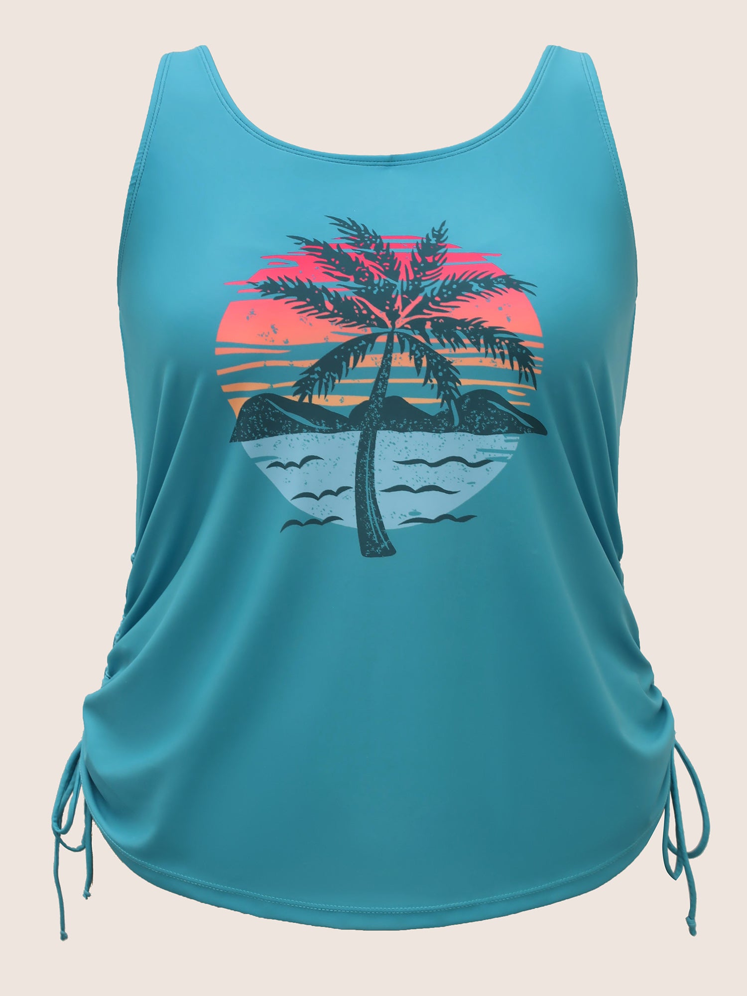 Crew Neck Contrast Tropical Print Drawstring Swim Top