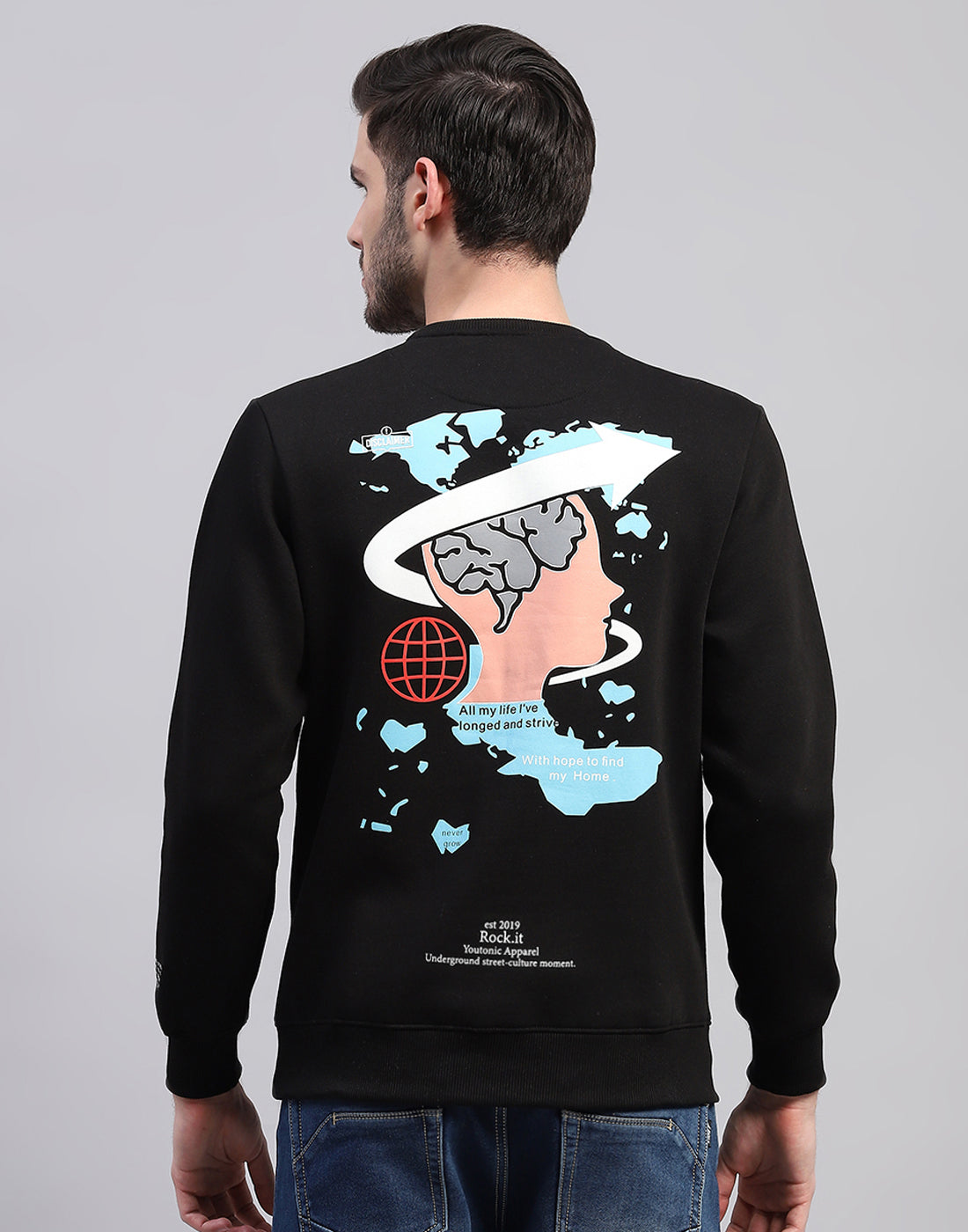 Men Black Printed Round Neck Full Sleeve Sweatshirt