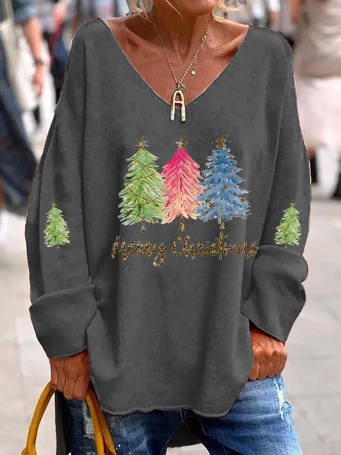 Women's Sequined Christmas Tree Print Long Sleeve T-Shirt