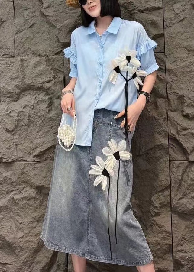 Modern White Peter Pan Collar Floral Shirts And Denim Skirts Two Pieces Set Short Sleeve Summer